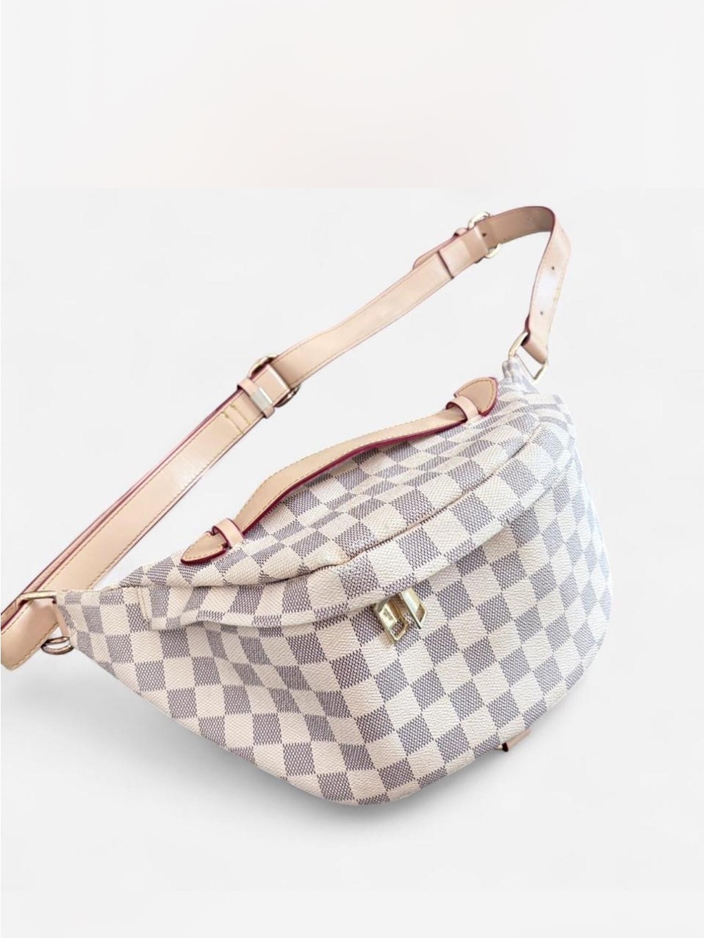 Neutral Checkered Crossbody Belt Bag with Nude Strap